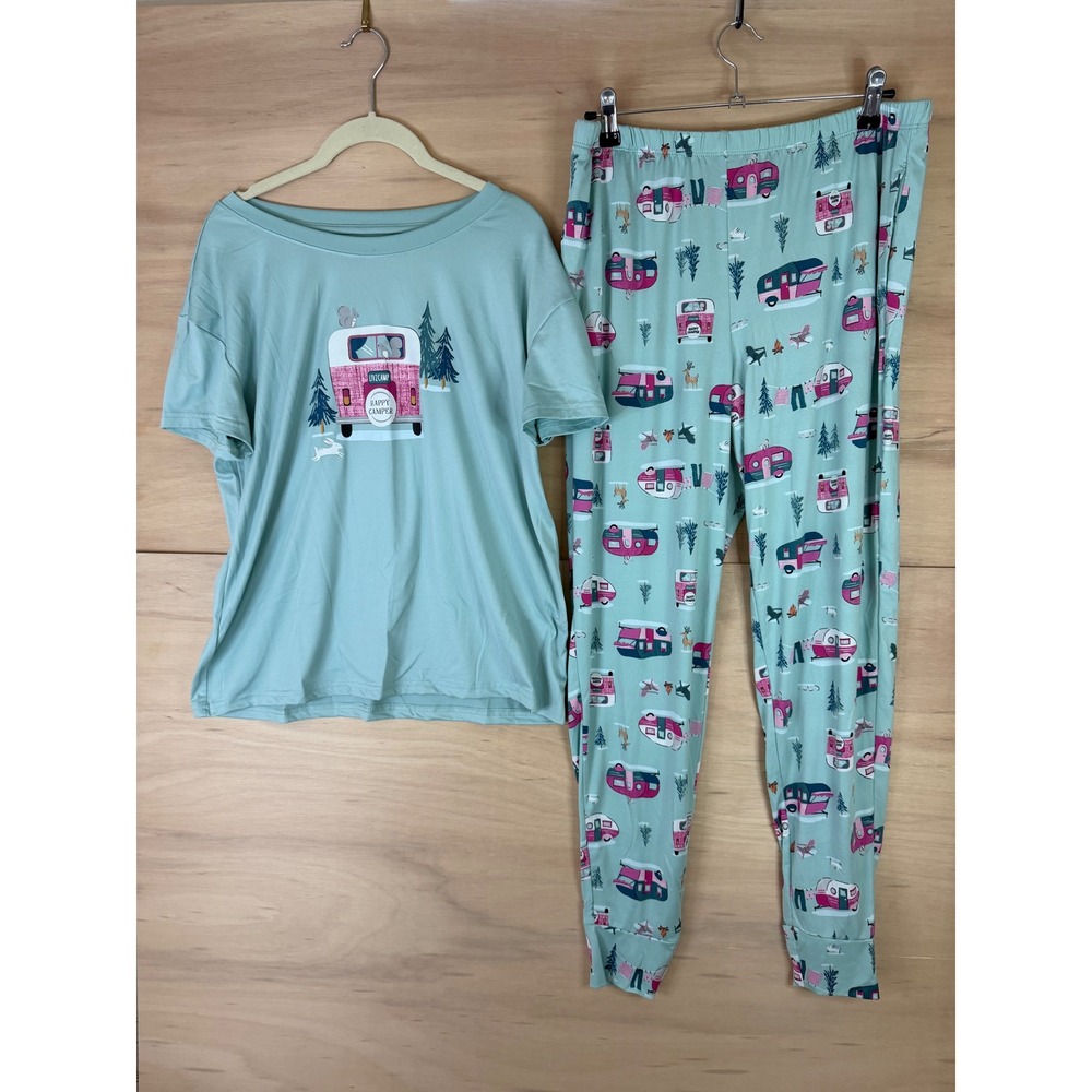 Joyspun Womens Happy Camper Pajama Set Mint Green Pink Trailer Size M 8-10